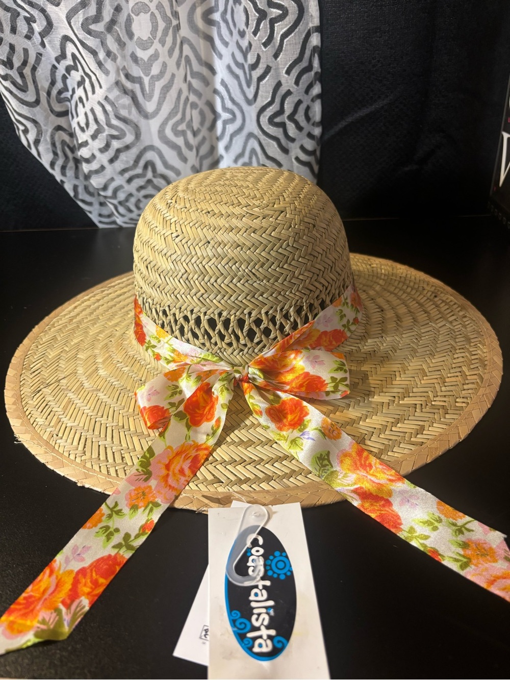 Straw Sun Hat with Orange Floral Bow by